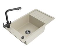 Mexen Elias évier en granit 1-bac avec égouttoir et robinet de cuisine Duero, beige - 6511-69-671600-70 17976 5905315024640