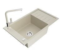 Mexen Elias évier en granit 1 bac avec égouttoir et robinet de cuisine Flora, beige - 6511-69-670401-09 20815 5905315060068