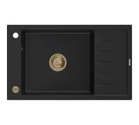 Mexen Elias évier en granit à 1 bac avec égouttoir 795 x 480 mm, noir, siphon doré - 6511791005-77-G 16194 5905315012036