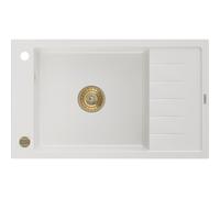 Mexen Elias évier granitique 1 bac avec égouttoir 795 x 480 mm, blanc, siphon doré - 6511791005-20-G 16188 5905315011978