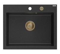Mexen Elix évier de cuisine en granit 1 bac 600 x 500 mm, noir/argent métallique, siphon doré - 6525601005-73-G 66151 5905315586964