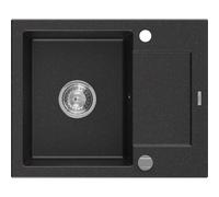 Mexen Enzo évier de cuisine en granit à 1 bac avec égouttoir 576 x 465 mm, noir/argent métallisé, siphon chromé - 6506571005-73 3520 5907709194113