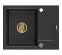 Mexen Enzo évier en granit 1 bac avec égouttoir 576 x 465 mm, noir/argent métallisé, siphon doré - 6506571005-73-G 16163 5905315011725