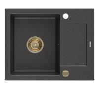Mexen Enzo évier en granit 1 bac avec égouttoir 576 x 465 mm, noir moucheté, siphon doré - 6506571005-76-G 16165 5905315011749