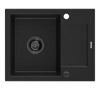 Mexen Enzo évier en granit 1 bac avec égouttoir 576 x 465 mm, noir, siphon noir - 6506571005-77-B 16318 5905315012944