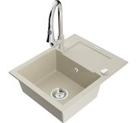 Mexen Enzo évier en granit 1 bac avec égouttoir et robinet de cuisine Elia, beige - 6506-69-670101-00 19654 5905315028778