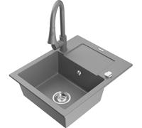 Mexen Enzo évier en granit 1-bac avec égouttoir et robinet de cuisine Elia, gris - 6506-71-670101-71 19662 5905315028853