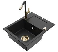 Mexen Enzo évier en granit 1 bac avec égouttoir et robinet de cuisine Flora, noir/argent métallisé - 6506-73-670401-57-G 20604 5905315058706