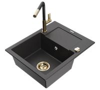 Mexen Enzo évier en granit 1 bac avec égouttoir et robinet de cuisine Flora, noir moucheté - 6506-76-670401-57-G 20618 5905315058843