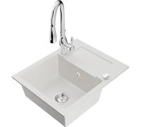 Mexen Enzo Évier en granit 1 bac avec égouttoir et robinet de cuisine Savita, blanc - 6506-20-672601-00 17367 5905315033857