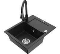 Mexen Enzo évier en granit 1 cuve avec égouttoir et robinet de cuisine Elia, noir/argent métallique - 6506-73-670101-70 19666 5905315028891