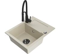 Mexen Enzo évier en granit à 1 bac avec égouttoir et robinet de cuisine Aster, beige - 6506-69-73450-70-B 19032 5905315044723