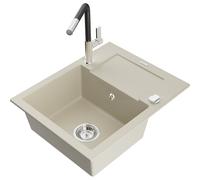 Mexen Enzo évier en granit à 1 bac avec égouttoir et robinet de cuisine Flora, beige - 6506-69-670401-07 20588 5905315058546