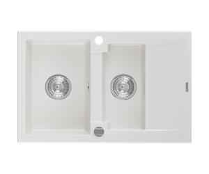 Mexen Gaspar évier en granit 1,5 bac avec égouttoir 737 x 475 mm, blanc, siphon chromé - 6507731505-20 3579 5907709194151