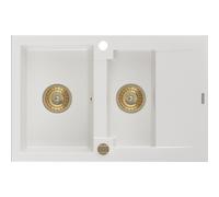 Mexen Gaspar évier en granit 1,5 bac avec égouttoir 737 x 475 mm, blanc, siphon doré - 6507731505-20-G 16167 5905315011763