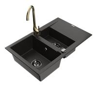 Mexen Gaspar évier en granit 1,5 bac avec égouttoir et mitigeur de cuisine Telma, noir/or - 6507-75-670200-50-B 18096 5905315014849