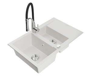 Mexen Gaspar évier en granit 1,5-bac avec égouttoir et robinet de cuisine Aster, blanc - 6507-20-73450-07 19059 5905315045041