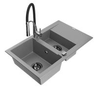 Mexen Gaspar évier en granit 1,5 bac avec égouttoir et robinet de cuisine Aster, gris - 6507-71-73450-07-B 19070 5905315045171