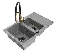 Mexen Gaspar évier en granit 1,5 bac avec égouttoir et robinet de cuisine Aster, gris - 6507-71-73450-57-B 19072 5905315045195
