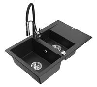 Mexen Gaspar évier en granit 1,5 bac avec égouttoir et robinet de cuisine Aster, noir / métal argenté - 6507-73-73450-07 19074 5905315045225