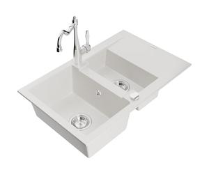 Mexen Gaspar évier en granit 1,5-bac avec égouttoir et robinet de cuisine Carla, blanc - 6507-20-670700-00 16790 5905315039309