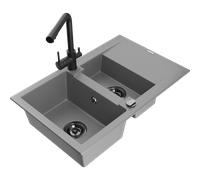 Mexen Gaspar évier en granit 1,5 bac avec égouttoir et robinet de cuisine Duero, gris - 6507-71-671600-70-B 17461 5905315024046