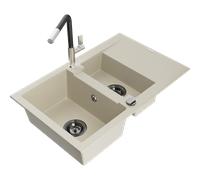 Mexen Gaspar évier en granit 1,5 bac avec égouttoir et robinet de cuisine Flora, beige - 6507-69-670401-07-B 20664 5905315059055