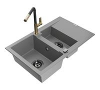 Mexen Gaspar évier en granit 1,5 bac avec égouttoir et robinet de cuisine Flora, gris - 6507-71-670401-57-B 20677 5905315059154