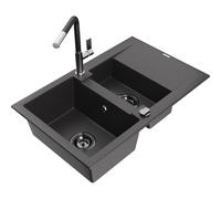 Mexen Gaspar évier en granit 1,5 bac avec égouttoir et robinet de cuisine Flora, noir moucheté - 6507-76-670401-07-B 20695 5905315059314