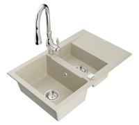 Mexen Gaspar évier en granit 1,5 bac avec égouttoir et robinet de cuisine Savita, beige - 6507-69-672601-00 17442 5905315034212