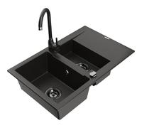 Mexen Gaspar évier en granit 1,5 bac avec égouttoir et robinet de cuisine Telma, noir/doré - 6507-75-670200-70-B 18097 5905315014856