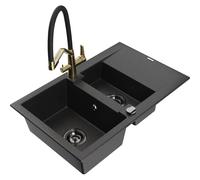 Mexen Gaspar évier en granit 1,5 cuves avec égouttoir et robinet de cuisine Duo, noir/argent - 6507-73-671701-57-B 22721 5905315100634