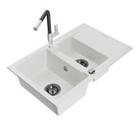 Mexen Gaspar Évier en granit à 1,5 bac avec égouttoir et robinet de cuisine Flora, blanc - 6507-20-670401-07-B 20656 5905315058997