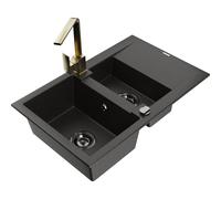 Mexen Gaspar évier en granit à 1,5 bac avec égouttoir et robinet de cuisine Rita, noir/or - 6507-75-670300-50-B 17299 5905315019004