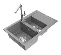 Mexen Gaspar évier granit 1,5 bac avec égouttoir et mitigeur cuisine Flora, gris - 6507-71-670401-00 20669 5905315059109
