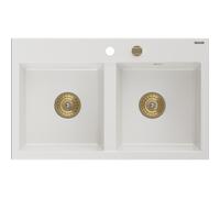 Mexen Hektor évier en granit 2 bacs 800 x 480 mm, blanc, siphon doré - 6521802000-20-G 31381 5905315236395