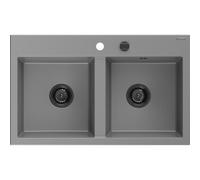 Mexen Hektor évier en granit 2 bacs 800 x 480 mm, gris, siphon noir - 6521802000-71-B 31501 5905315236623