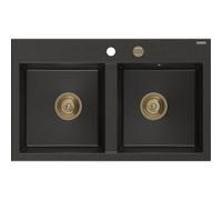 Mexen Hektor évier en granit 2 bacs 800 x 480 mm, noir/doré métallique, siphon doré - 6521802000-75-G 31494 5905315236432
