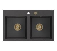 Mexen Hektor évier en granit 2 cuves 800 x 480 mm, noir moucheté, siphon doré - 6521802000-76-G 31495 5905315236449