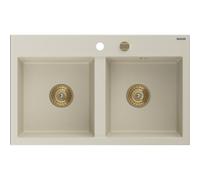 Mexen Hektor évier en granit à 2 bacs 800 x 480 mm, beige, siphon doré - 6521802000-69-G 31383 5905315236401