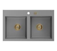 Mexen Hektor évier en granit à 2 bacs 800 x 480 mm, gris, siphon doré - 6521802000-71-G 31404 5905315236418