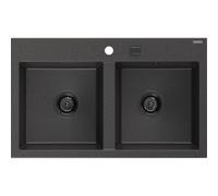 Mexen Hektor évier en granit à 2 bacs 800 x 480 mm, noir moucheté, siphon noir - 6521802000-76-B 31523 5905315236654