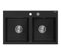 Mexen Hektor évier en granit à 2 bacs 800 x 480 mm, noir, siphon chromé - 6521802000-77 31360 5905315071026