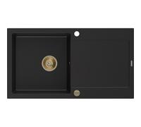Mexen Leo Évier en granit 1 bac avec égouttoir 900 x 500 mm, noir, siphon doré - 6501901010-77-G 16130 5905315011404