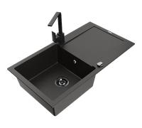 Mexen Leo évier en granit 1 bac avec égouttoir et mitigeur de cuisine Rita, noir/or métallique - 6501-75-670300-70-B 16636 5905315017109