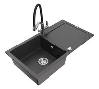 Mexen Leo évier en granit 1 bac avec égouttoir et robinet de cuisine Duo, noir moucheté - 6501-76-671701-07 20218 5905315049544