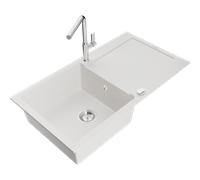 Mexen Leo évier en granit 1 bac avec égouttoir et robinet de cuisine Flora, blanc - 6501-20-670401-00 19576 5905315055958