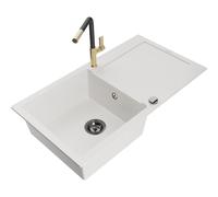 Mexen Leo évier en granit 1 bac avec égouttoir et robinet de cuisine Flora, blanc - 6501-20-670401-57-B 19582 5905315056016