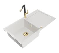 Mexen Leo évier en granit 1 bac avec égouttoir et robinet de cuisine Flora, blanc - 6501-20-670401-57-G 19581 5905315056009
