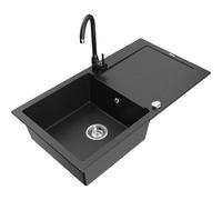 Mexen Leo évier en granit 1 bac avec égouttoir et robinet de cuisine Telma, noir/argent métallisé - 6501-73-670200-70 6139 5907709189027